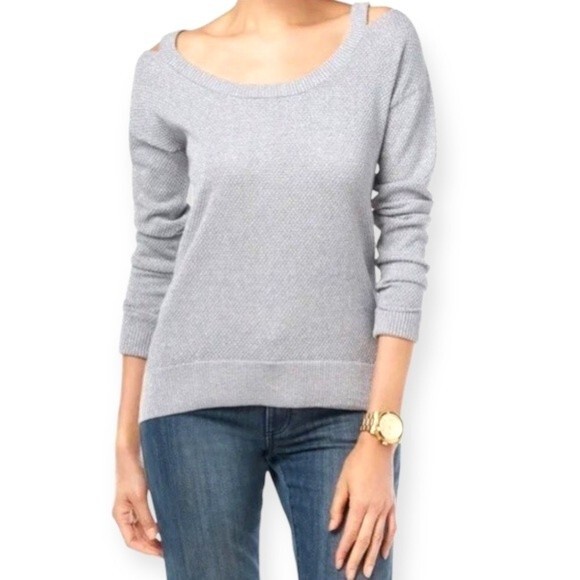 Michael Kors Silver Metallic Cold Shoulder Long Sleeve Pullover Sweater - Picture 1 of 6